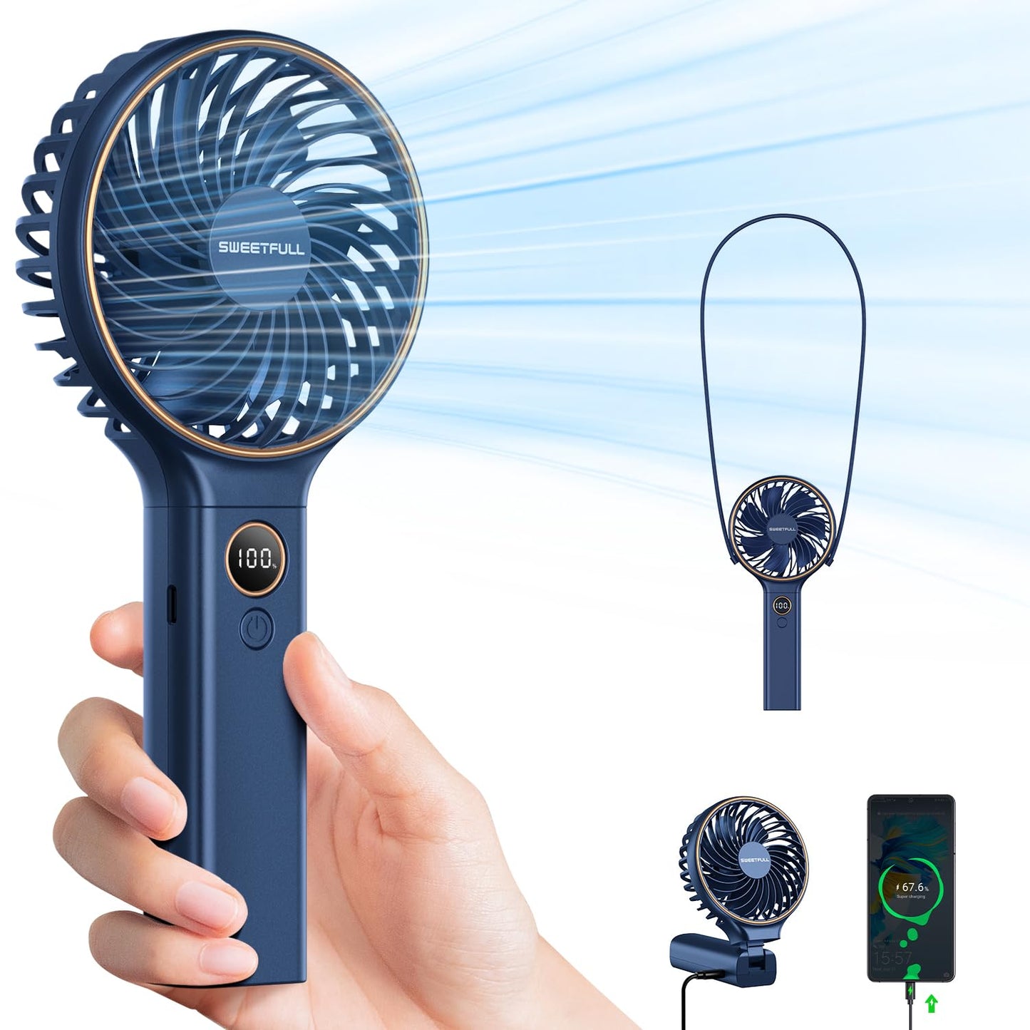 SWEETFULL Handheld Fan5000mAh Portable Fan Mini fan Small Personal Fan with Backup PowerDesk Fan Hand Held Fan Rechargeable Battery Operated Cooling Electric Fan for Women Girl Travel Office